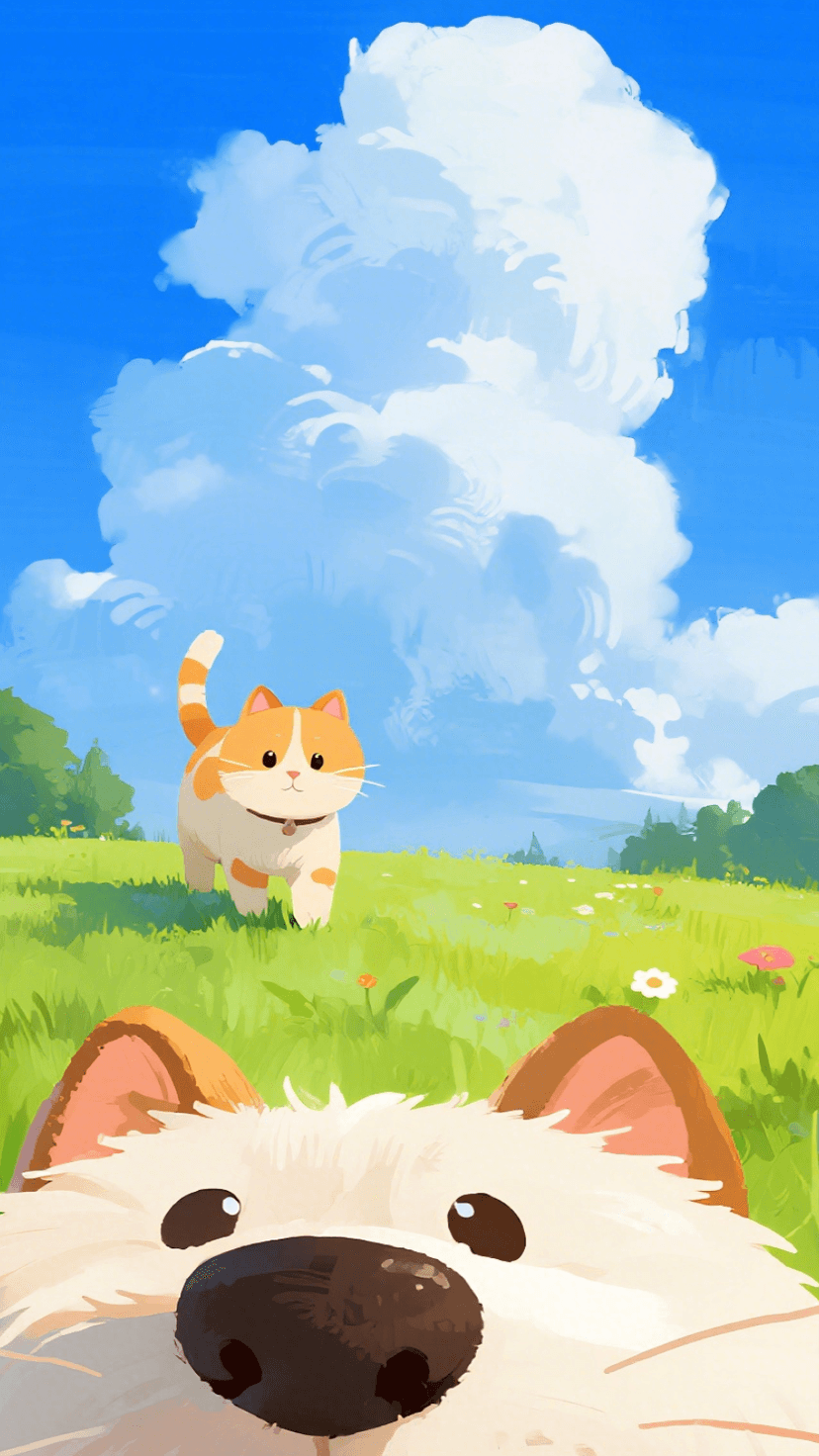 Qwen Image 生成的示例图片 10: Minimalist illustration style, bright colors, blue sky, white clouds, cute dog