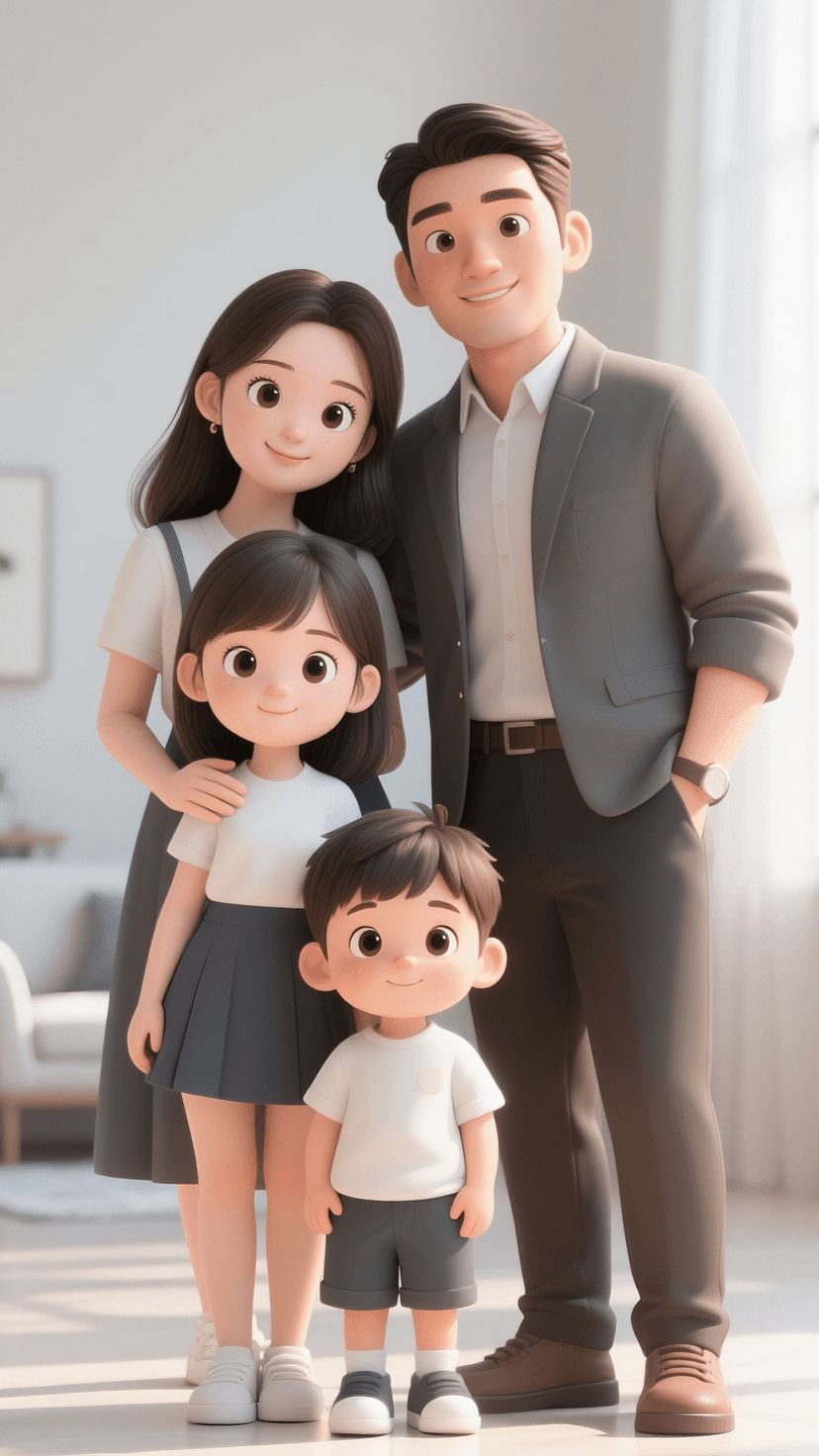Qwen Image 生成的示例图片 4: Q-version modern style 3D toy rendering, cute and clever family characters