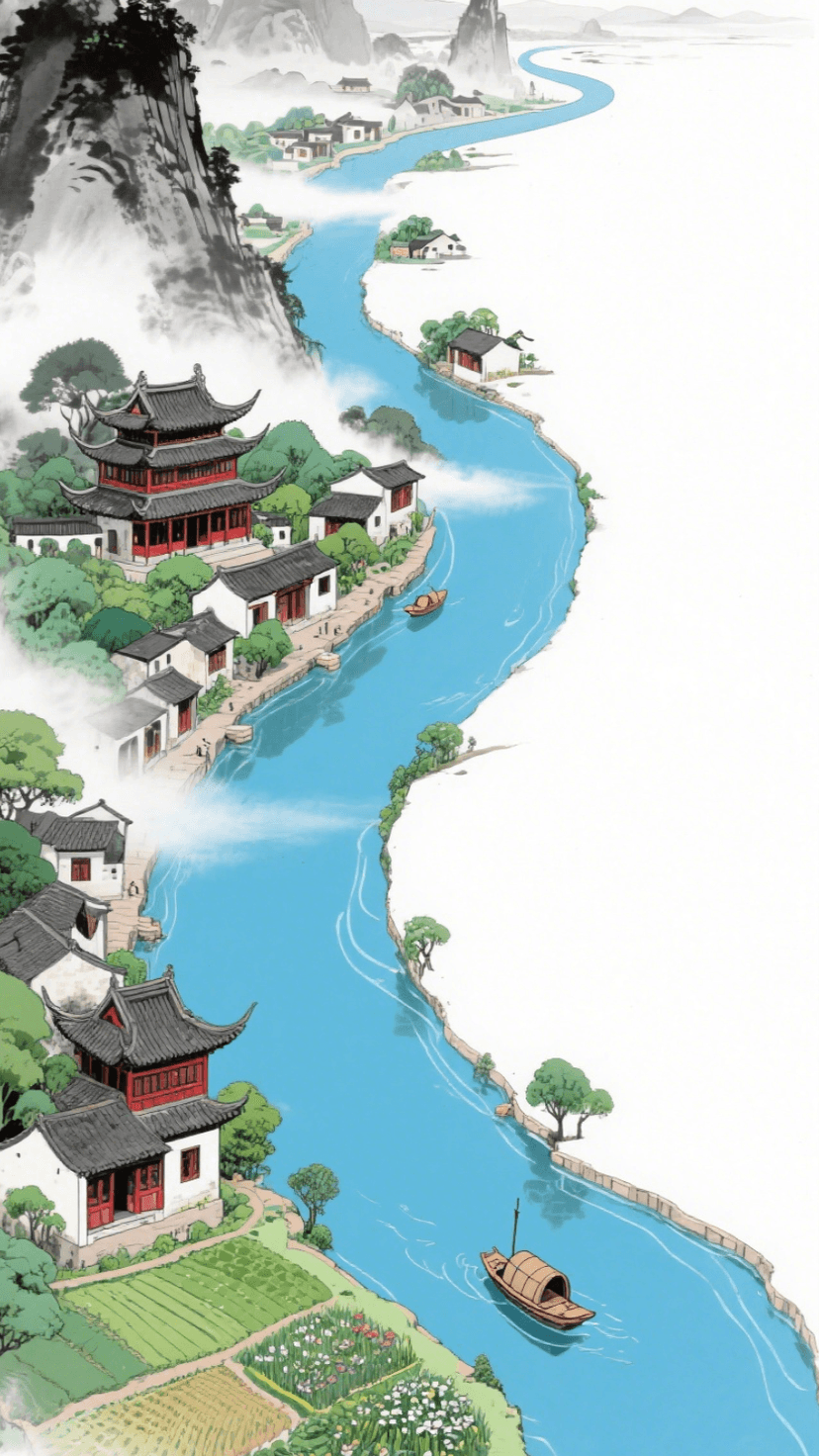 Qwen Image 生成的示例图片 7: Moebius style maximalism, asymmetrical composition with river landscape