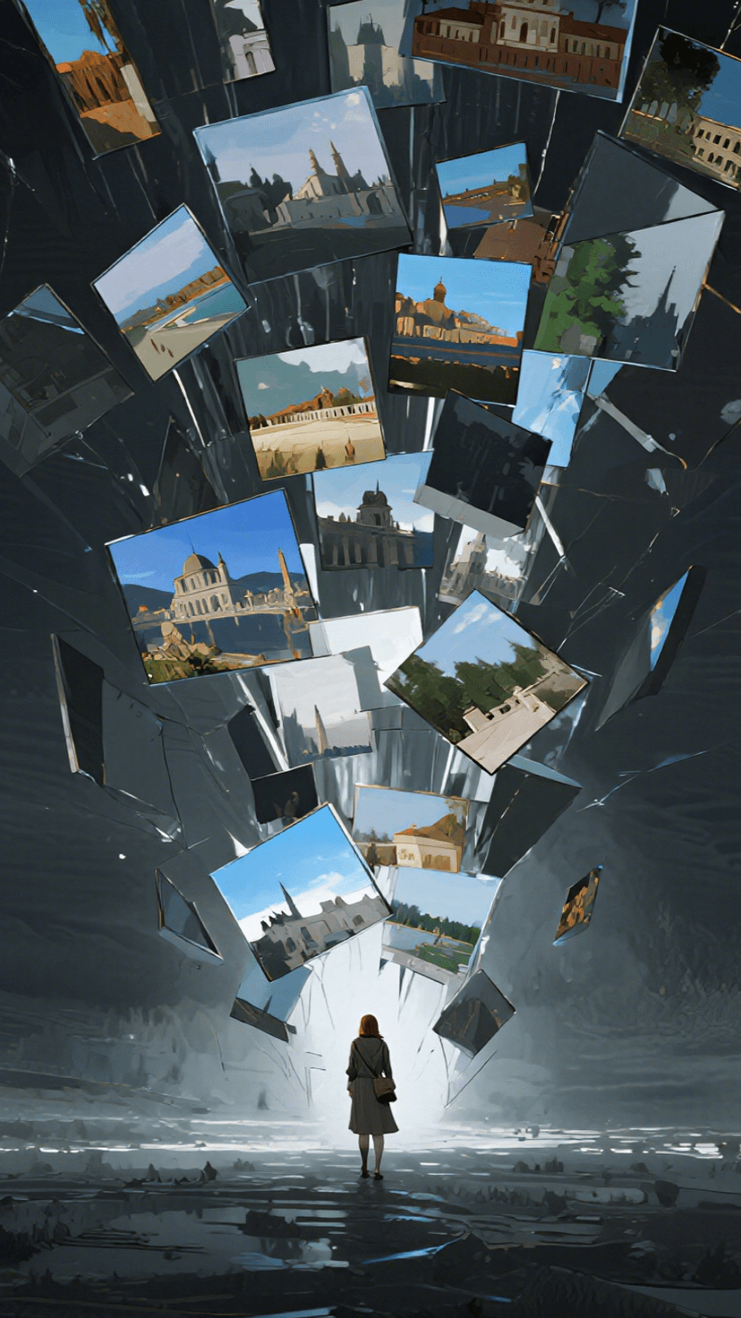 Qwen Image 生成的示例图片 12: Mirror fragments in void reflecting different regions and eras, parallel universe concept