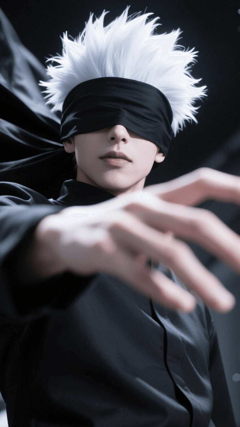 Qwen Image 生成的示例图片 5: Jujutsu Kaisen Gojo Satoru cosplay, white hair, black clothes, realistic rendering