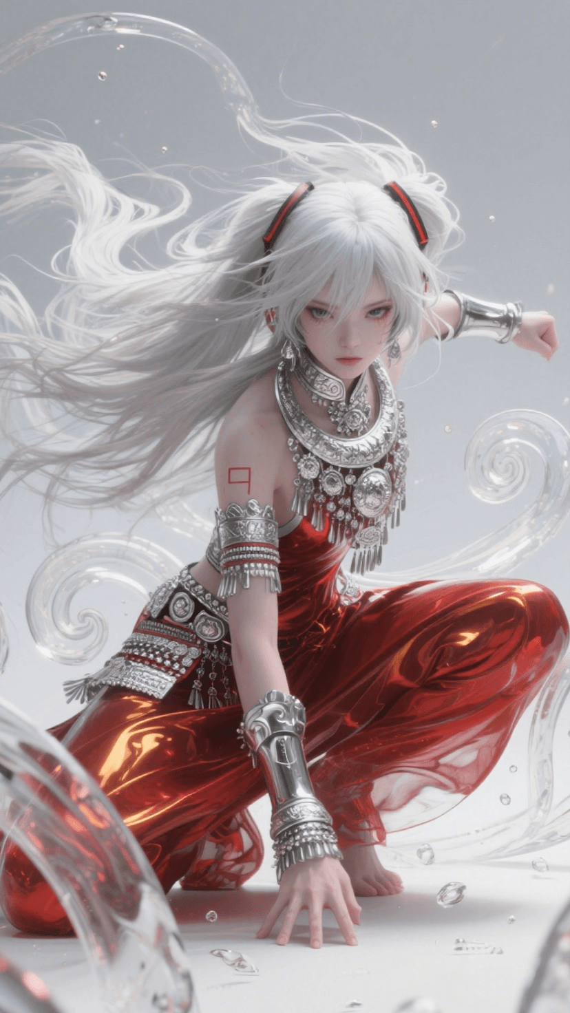 Qwen Image 生成的示例图片 3: Hatsune Miku in defensive pose with wind-blown hair, calm expression, dynamic action