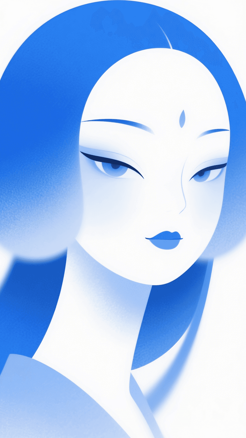 Qwen Image 生成的示例图片 6: Flat illustration, blue art, minimalist abstract, Tang dynasty makeup blue-haired girl