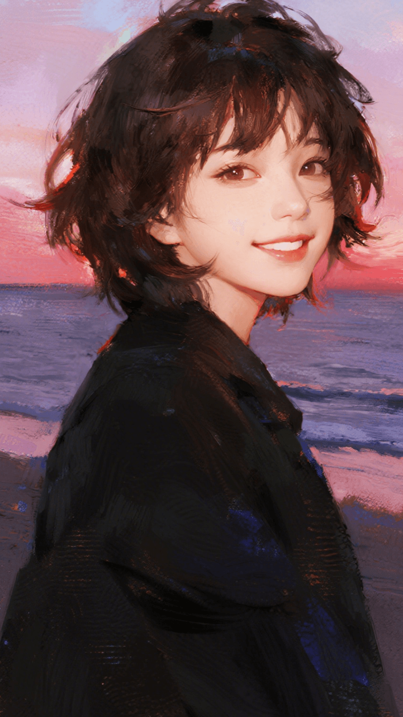 Qwen Image 生成的示例图片 8: Half-body portrait looking back in wind, stunning beauty with flowing bangs in sea breeze