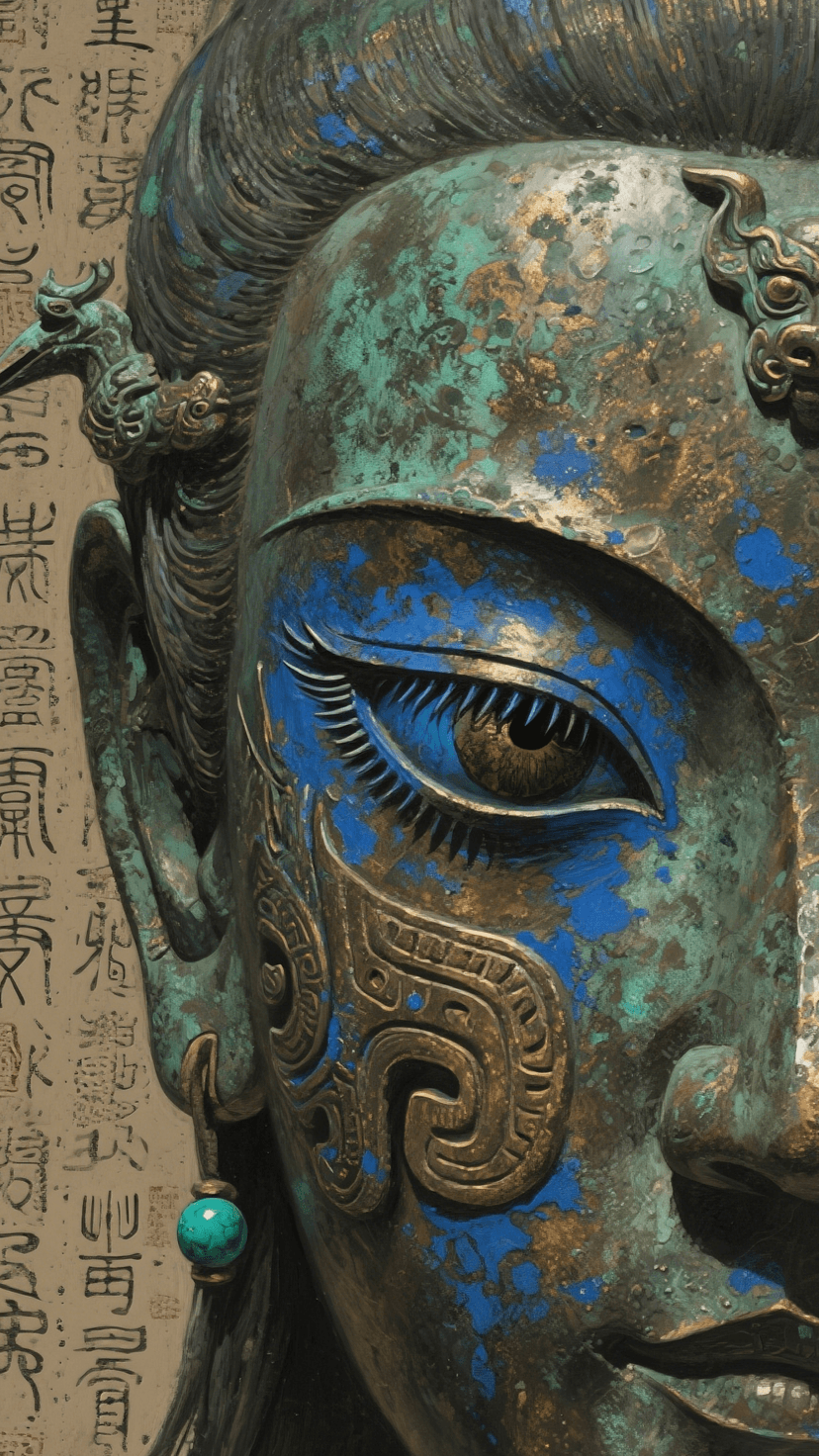 Qwen Image 生成的示例图片 2: Close-up of eyes with bronze statue texture, phoenix eyes reflecting ancient inscriptions