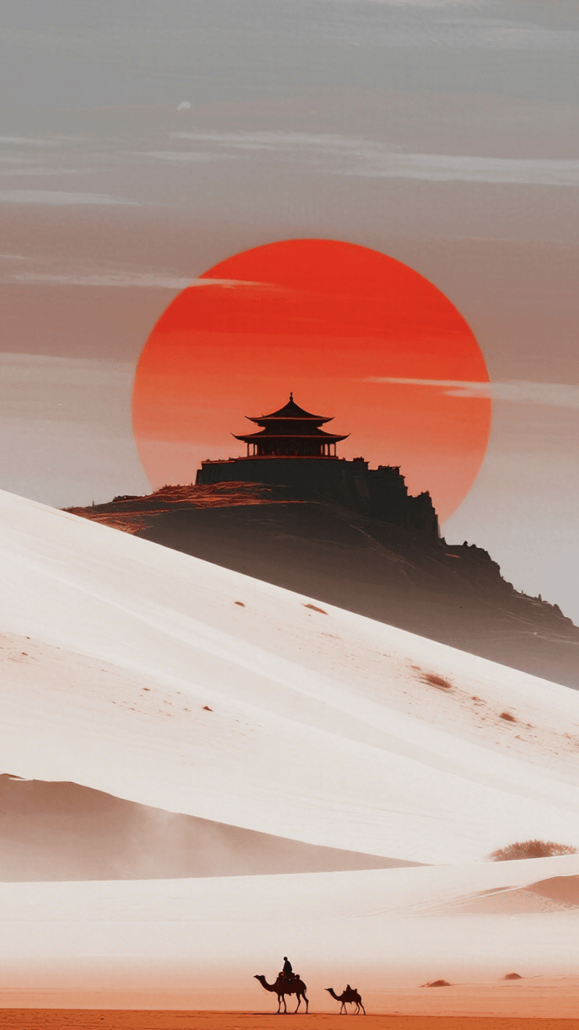 Qwen Image 生成的示例图片 11: Traditional Japanese landscape with red sun setting behind mountain silhouette, minimalist zen aesthetic